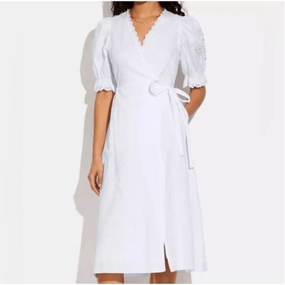 Coach Broderie Anglaise Wrap Dress White Cotton Puff Sleeves Scallop Top Size 6 - Picture 1 of 12